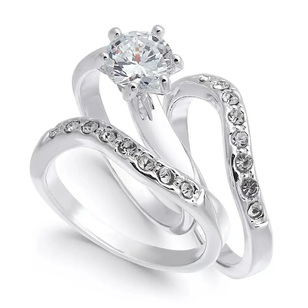 Charter Club Fine Silver Plate Crystal Wavy Ring 3-piece